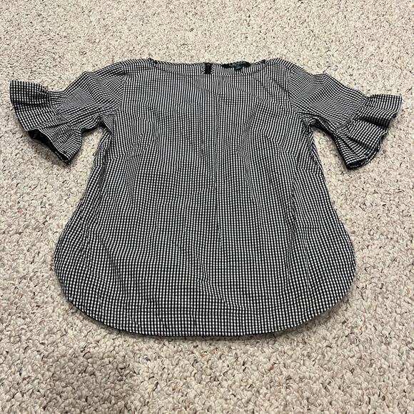 Lauren Ralph Lauren Gingham Plaid Short Sleeve Blouse Sz S Petite Ruffle Preppy - Picture 1 of 7